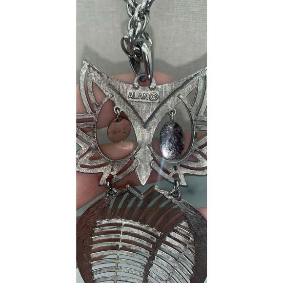 Vintage Signed ALAN Silver Tone Articulated Owl Bird Pendant Chain Necklace - Picture 5 of 5